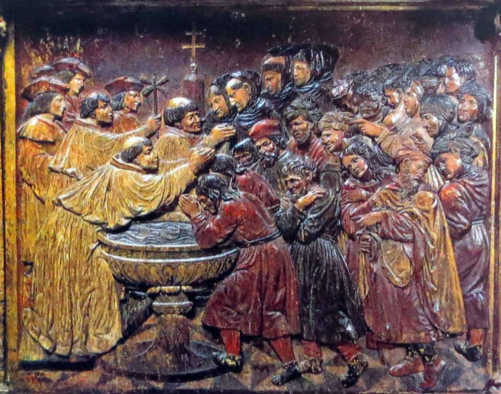 Bautismo de los moriscos granadinos. Retablo de la Capilla Real de la Catedral de Granada (Obra de Felipe Vigarny, 1521).