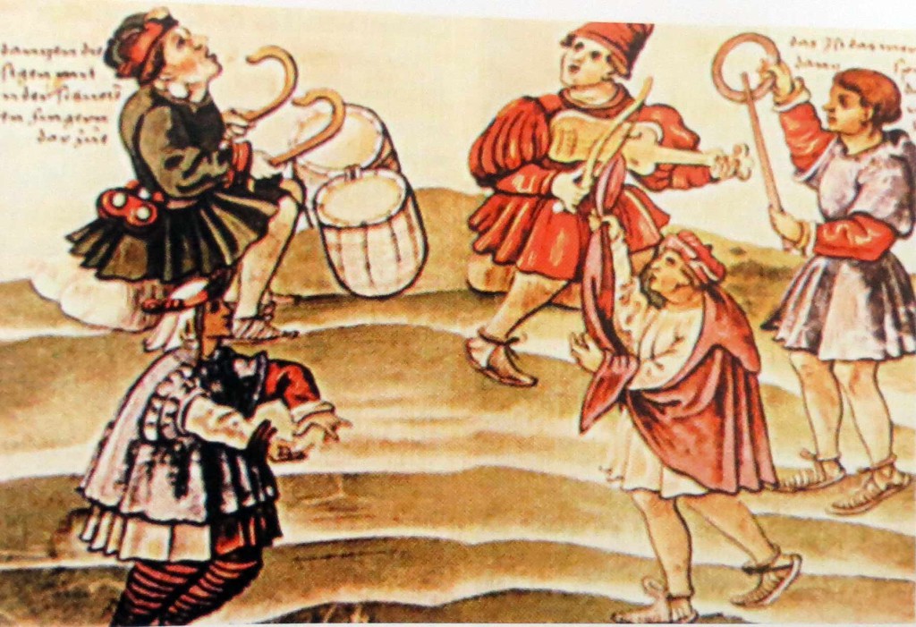 Escena de moriscos bailando y tocando el pandero y el tabal. (Dibujo realizado por C.Weiditz, 1529).